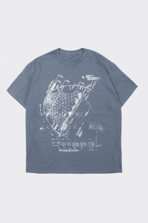 A navy blue t-shirt with a complex white design resembling an architectural blueprint. The design includes various geometric shapes, lines, and annotated measurements, giving the shirt a technical, schematic appearance.