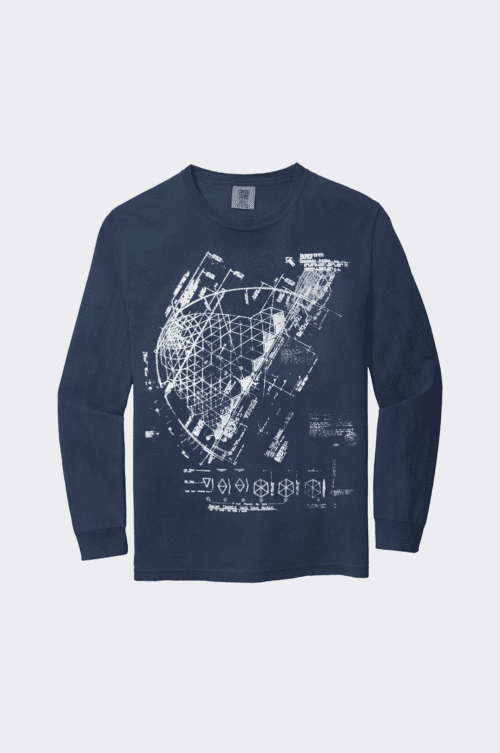 A navy blue long sleeve t-shirt with a complex white design resembling an architectural blueprint. The design includes various geometric shapes, lines, and annotated measurements, giving the shirt a technical, schematic appearance.