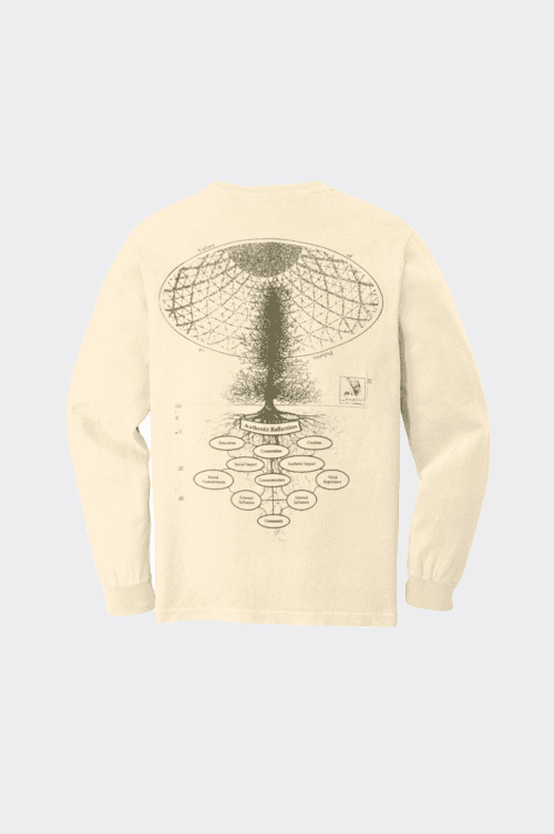 A beige long sleeve t-shirt laid flat and viewed from the back. It features a detailed illustration of a tree with a dome-shaped structure above it, along with various labels and an intricate design extending downward from the roots. Text and a small graphic are also visible.